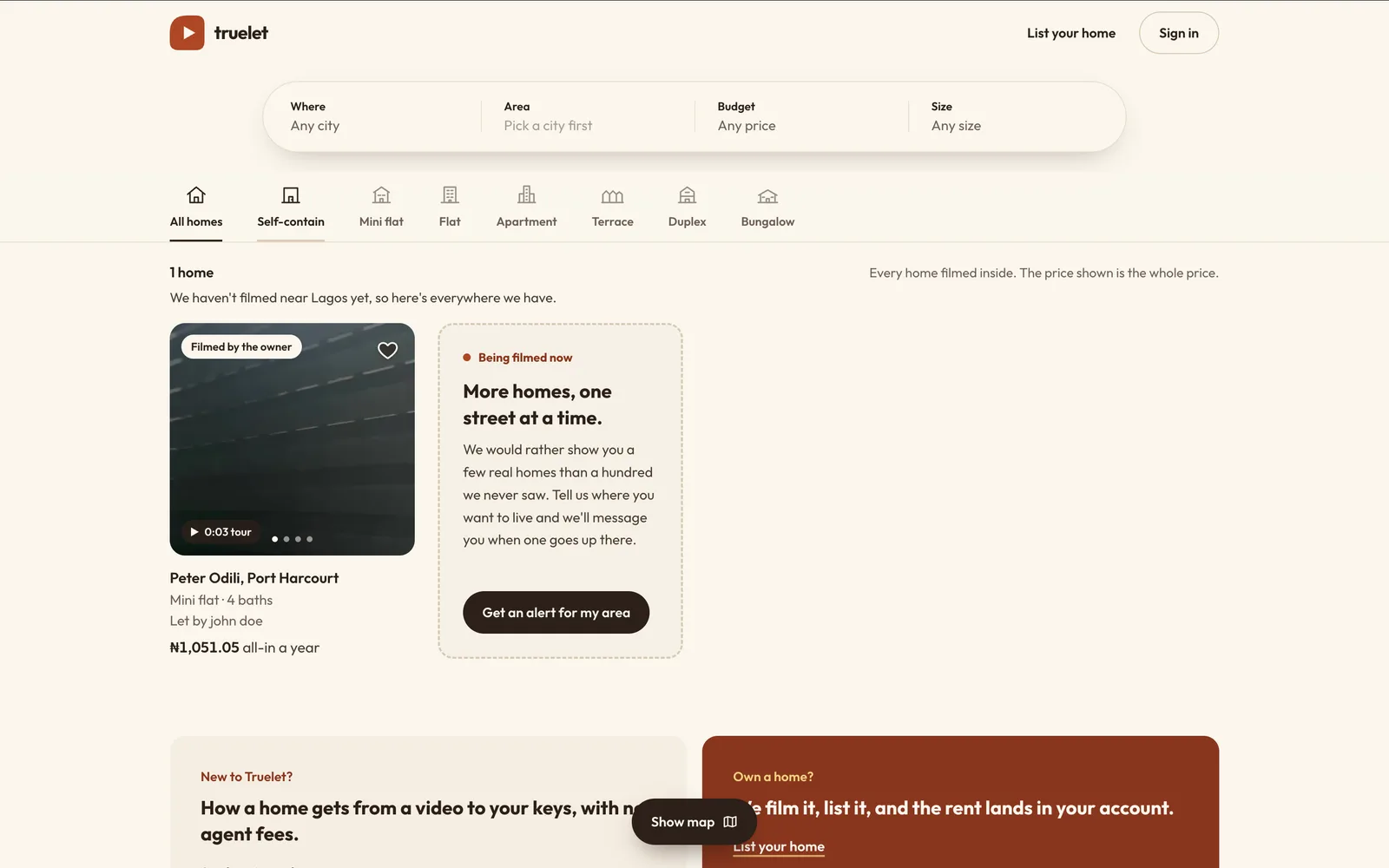 Truelet home search, showing filmed listings and Nigerian property type filters